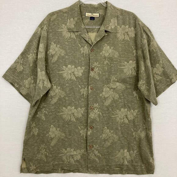 Tommy Bahama Brown/Green Tropical Print 100% Silk Button Down Large Vacation - Picture 1 of 10
